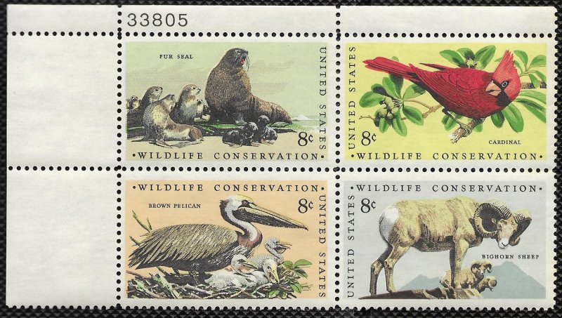 US #1464-1467 plate block. Wildlife - Seal, Cardinal, Pelican, Bighorn Sheep.