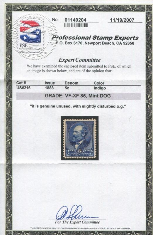 1888 US Stamp #216 5c Mint Hinged Grade XV 85 OG Catalogue Value $335 Certified 