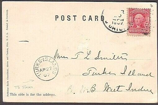 TURKS & CAICOS 1907 postcard from USA with fine TURKS ISLAND arrival cds...35249