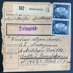 1943 Marktredwitz Poland Parcel Cover to Drutte Neuengamme Concentration Camp