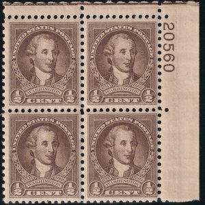 Sc# 704 U.S 1932 Washington Bicentennial ½¢ plate block 20560 MNH CV $10.00