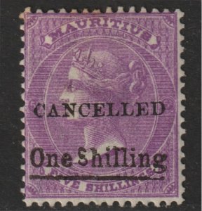 MAURITIUS 1877 QV 1s on 5s  opt'd CANCELLED - with WRONG FONT S