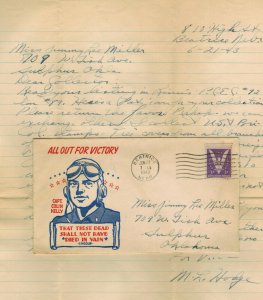 WW2 Patriotic 1943 CAPTAIN COLIN KELLY All Out For Victory + Letter Nebraska