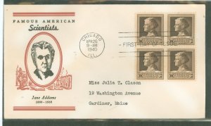 US 878 1940 10c Jane Addams, scientist (part of the Famous Americans series) bl of 4 on an addressed (typed) FDC with a Linprint