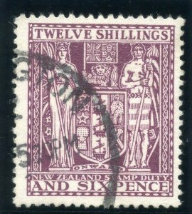 New Zealand 1935 KGV Fiscal 12s6d deep plum very fine used. SG F156. Sc AR57.