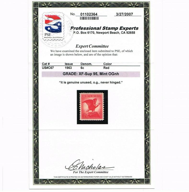 GENUINE SCOTT C67 MINT PRISTINE OG NH PSE CERT GRADED XF-SUPERB 95 AIR MAIL