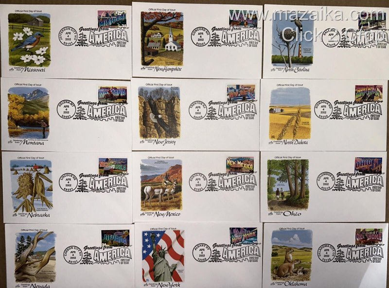 2002 GREETINGS FROM AMERICA COMPLETE SET SUPERB COLOR FDCs & 50 STATES STAMPS