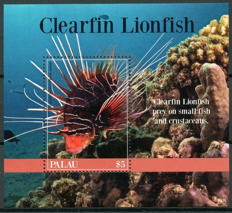 Palau 2019 MNH Clearfin Lionfish 1v S/S Corals Fish Fishes Marine Stamps 