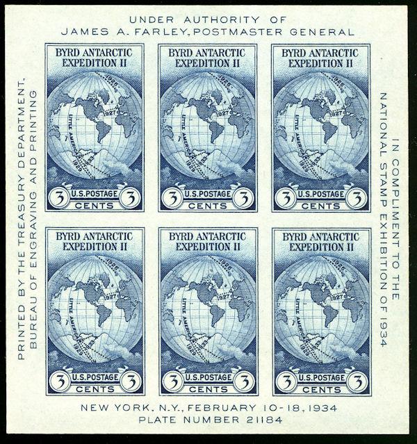 US #735 SUPERB mint never hinged, no gum as issued, 3c Byrd Souvenir Sheet, P...