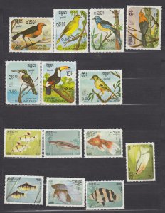 J39823, JL Stamps 1985 cambodia sets mlh #1613-9,638-44 birds/tropical fish