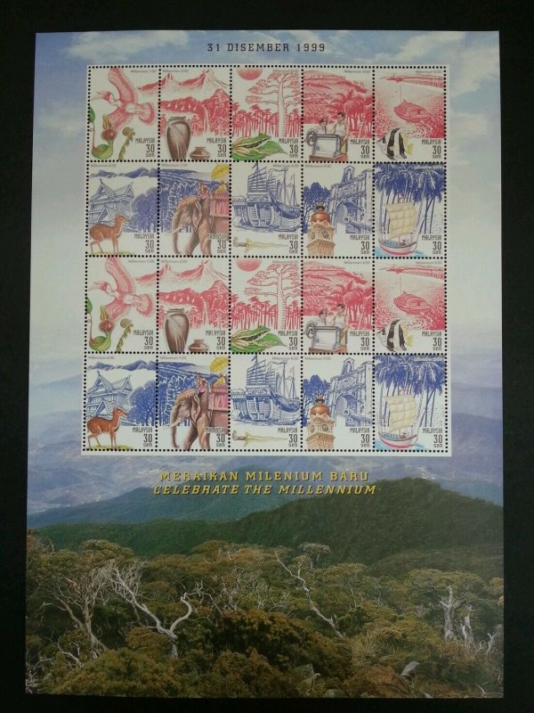 Malaysia Millennium I 1999 Bird Fish Frog Boat Tree Mountain Ship (sheetlet) MNH