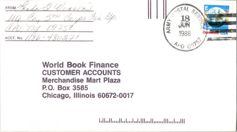 United States A.P.O.'s [25c] E Earth 1988 Army Postal Service, APO 09757 5th ...
