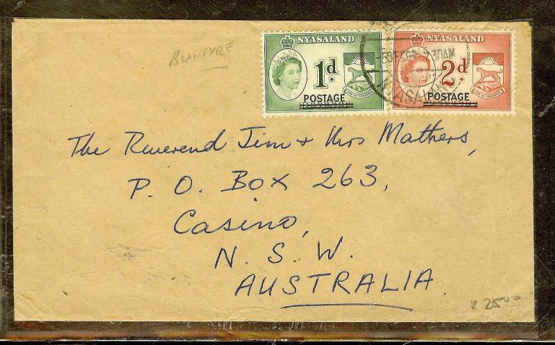 NYASALAND (P2603B) QEII REVENUE SURCH POSTAGE 1D+2D TO AUSTRALIA