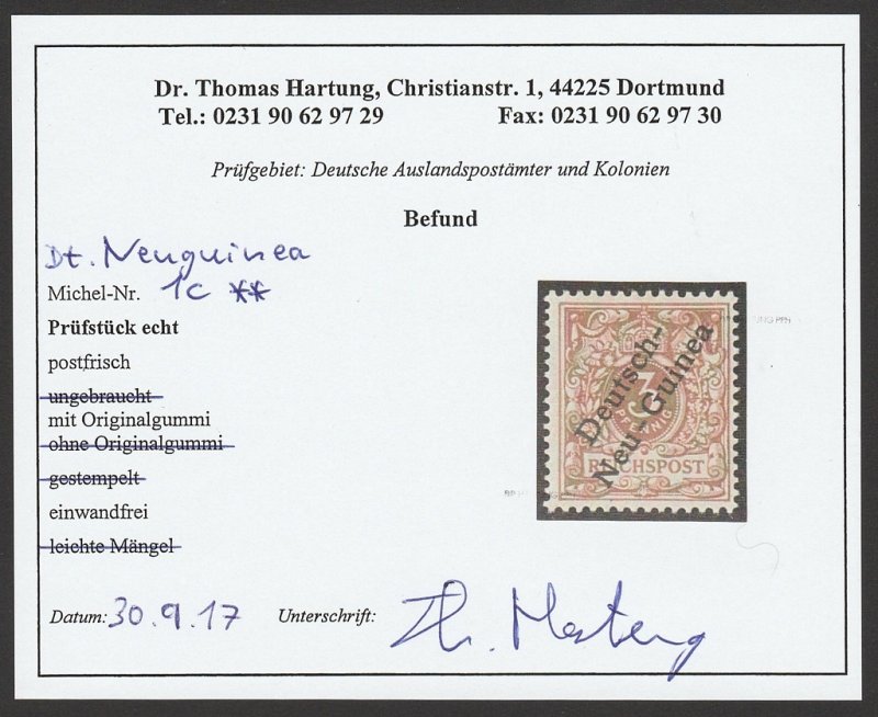 NEW GUINEA - GERMAN 1897 3pf reddish-brown. MNH **. Mi 1c cat €500. Very rare. 