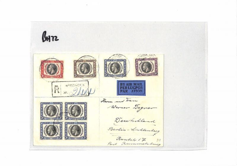 BH72 1932 SOUTH WEST AFRICA Windhoek Registered Airmail Cover GERMANY 