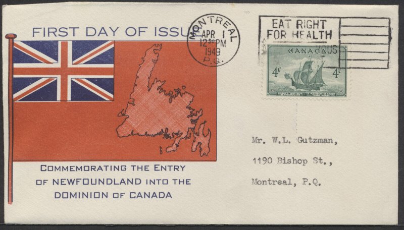 1949 #282 Newfoundland FDC Flag/Map Cachet Montreal PQ Slogan