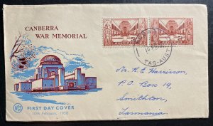 1958 Hobart Tasmania Australia First Day Cover To Smithton Canberra War Memorial