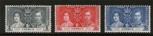 Cyprus 1937 kgvi Coronation SG 148-150 MH