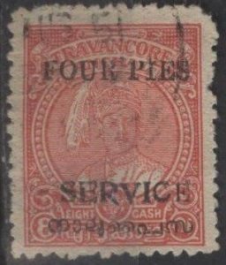 India: Travancore-Cochin O12 (used) 4p on 8ca Bala Rama Varma, rose red (1949)