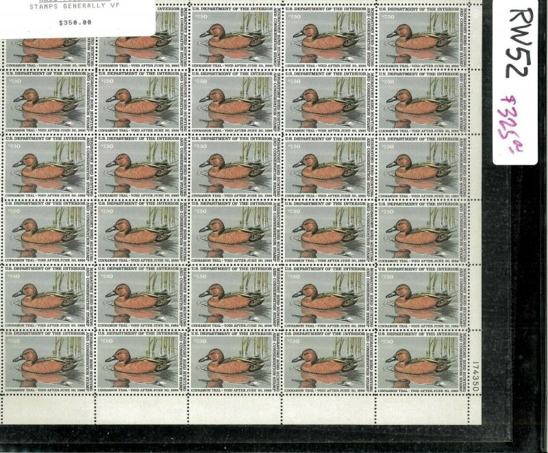 RW52 1985 FULL FEDERAL DUCK STAMP SHEET.   PLATE # 174350 BOTTOM