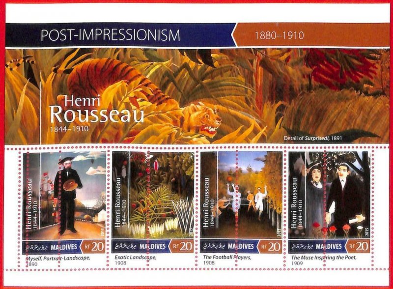 A4071 - MALDIVES - ERROR MISPERF, Miniature sheet: 2015, Art, Henri Rousseau