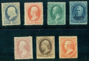 US #182-6, 188-9, 1¢ - 15¢ lower vals, unused regummed, Scott for ng $1,305 .00