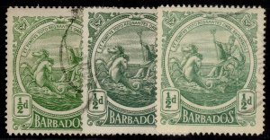 BARBADOS GV SG182 + 182a + 182b, ½d SHADE VARIETIES, FINE USED.