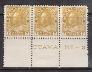 Canada #113iv VF Mint Plate #3 Strip Of Three