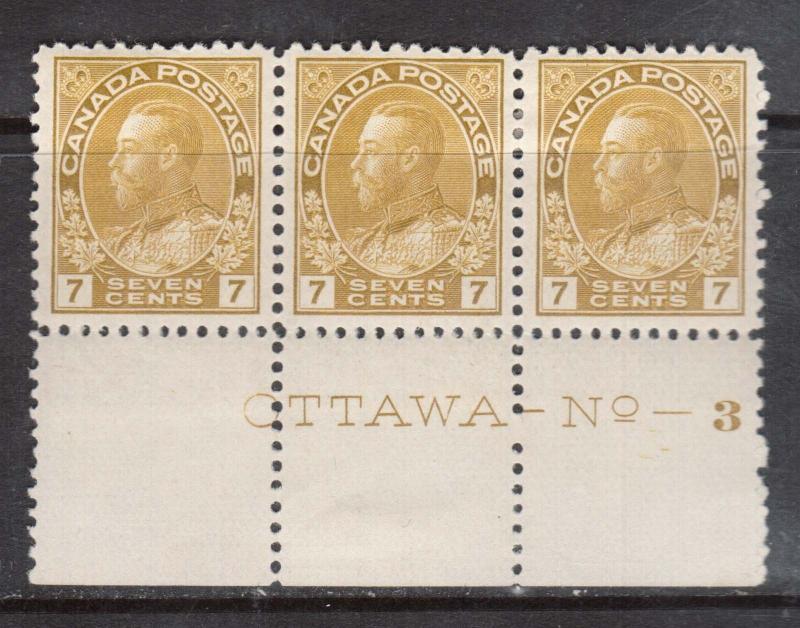 Canada #113iv VF Mint Plate #3 Strip Of Three