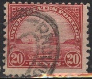 US 567 (used) 20¢ Golden Gate, car rose (perf. 11) (1923)