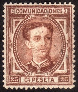 1876, Spain 25c, King Alfonso XII, Used, Light cancel, Sc 225