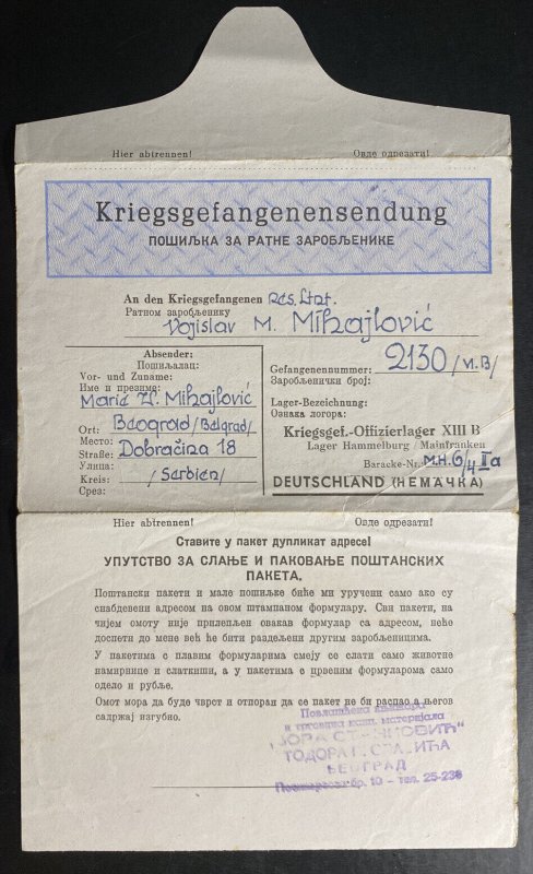 1940 Beograd Serbia To Germany Stalag 13B POW Prisoner of War Letter Sheet Cover