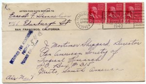 Prexie 2c(3) to Ecuador, returned for additional postage 1940