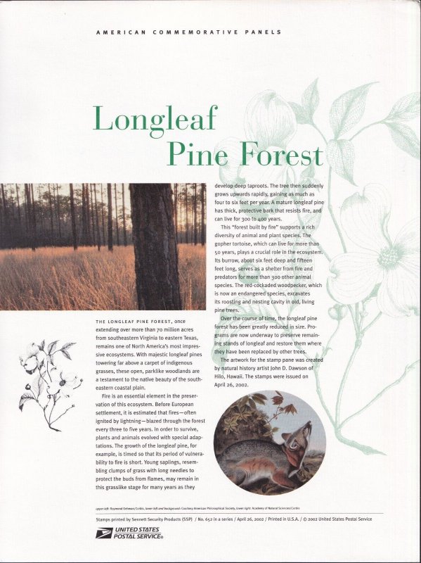Scott #CP649 (3611) Longleaf Pine Forest Commemorative Panel Stamp Sheet