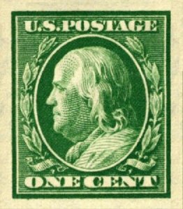 1910 1c Benjamin Franklin, Imperforate, Green Scott 383 Mint F/VF LH