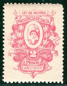 ARGENTINA *SALTA* Local Revenue Stamp 2P *LEY DE MULTAS* Fines 1909 MM Y2WHITE30