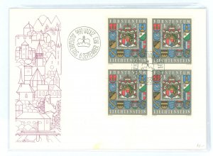 Liechtenstein 533 1973 5fr Country & Municipalities Coats of Arms (block of four) on an unaddressed, cacheted first day cover.