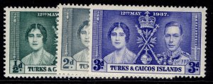 TURKS & CAICOS ISLANDS GVI SG191-193, 1937 CORONATION set, M MINT.
