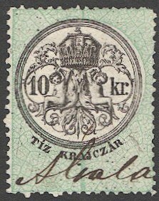 HUNGARY 1868 Barefoot 8, 10kr Used Revenue, Perf 12 VF