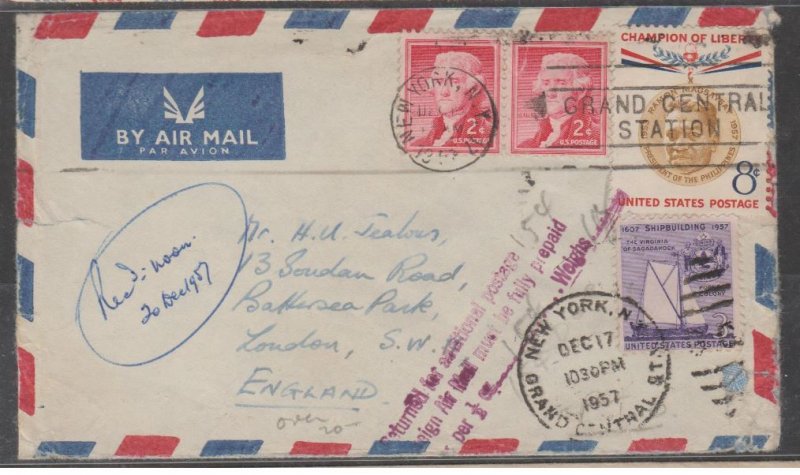 U.S. Scott #1033-1095-1096 Cover - Returned Air Mail England - See Scan of Back