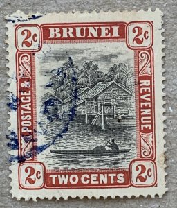 Brunei 1907 2c grey-black and scarlet. Blue cancel. Scott 15, CV $4.25. SG 24