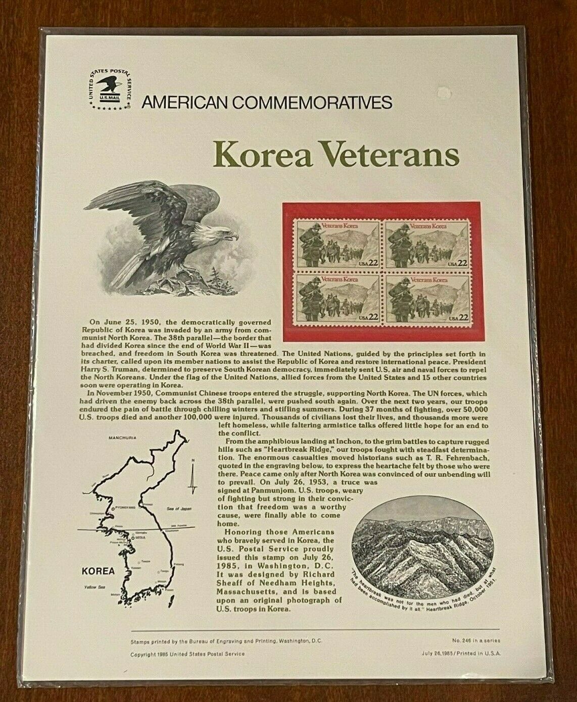 2152 22c Korean War Veterans Stamp USPS 246 Commemorative Stamp Panel United States, General