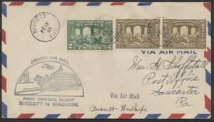 1933 Flight Cover Bissett to Wadhope MAN #135 3c Confederation Pair AAMC 3309b