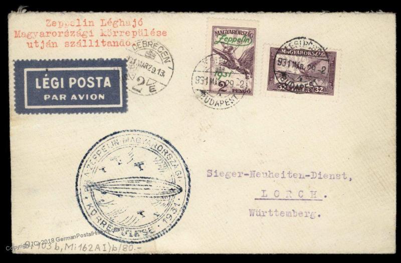 Hungary 1931 Graf Zeppelin 2p Flown Si102Bb Cover Debrecen 90736