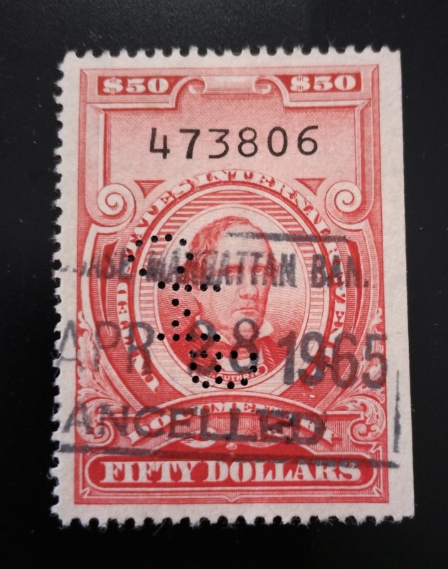US #R725 Used Perfin + Fancy Cancel $50 Revenue (Type 1940) Without Overprint