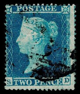 Sg19, 2d dp blue plate 4, SC16, FINE used. Cat £100. SD