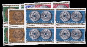 Papua New Guinea #410-414 Cat$14.60, 1975 Coins, complete set in blocks of fo...