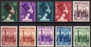 1953-56 Egypt short set to 1£ Queen Nefertiti ML-MH Sc# 331 / 340 CV $48.50