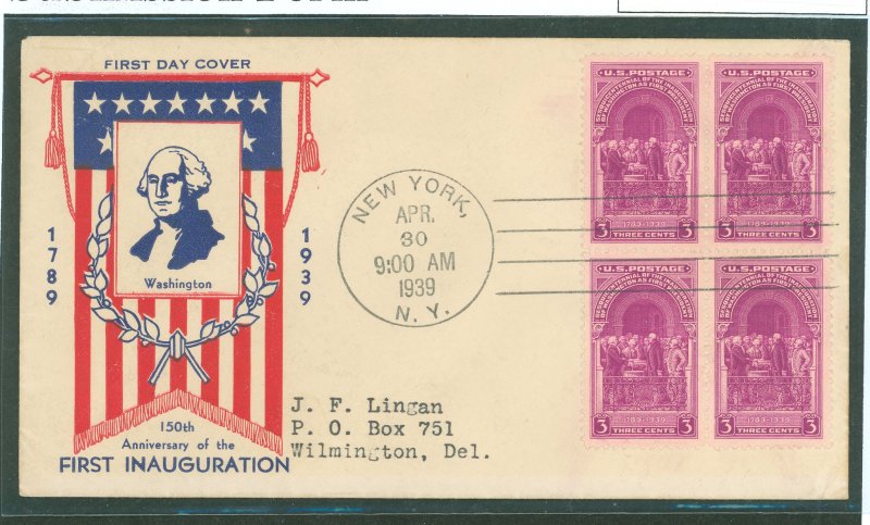 US 854 1939 3c Washington's First Inauguration (block of 4) on an addressed (typed) FDC with a Holland Cachet