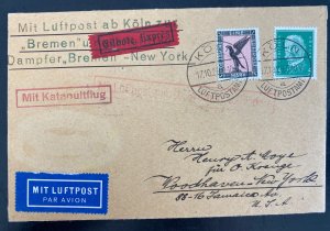 1929 Koln Germany Bremen Catapult Flight Airmail Cover To New York USA